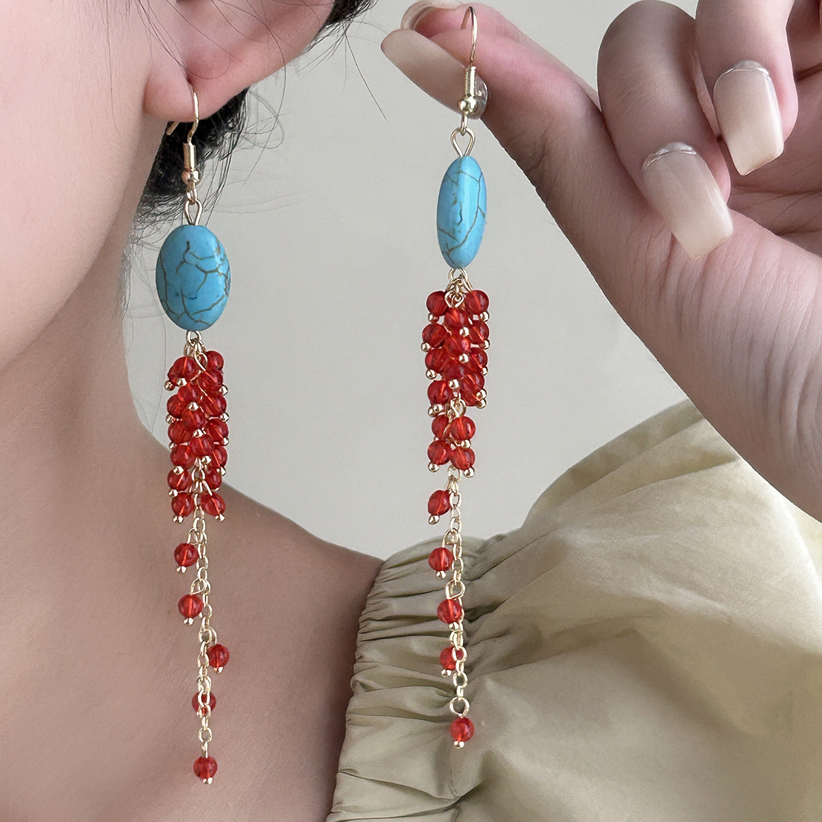 Wholesale New Chinese style long tassel earrings oval turquoise earrings