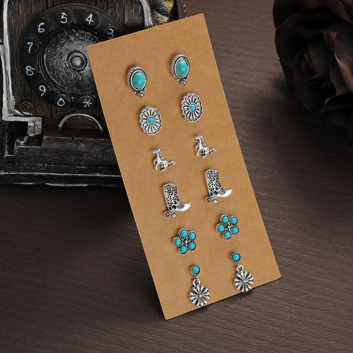 Wholesale Retro Ethnic Style Turquoise Flower Denim Cactus Alloy Earrings