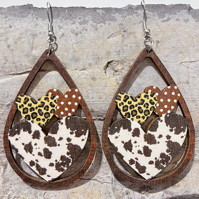 Wholesale Wooden hollow heart-shaped Valentine' s Day pattern splicing earrings