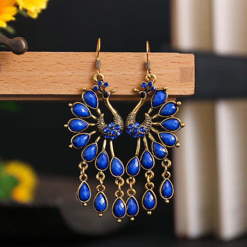 Wholesale Creative Retro Ethnic Style Fashion Bohemian Colored Resin Gemstone Peacock Earrings