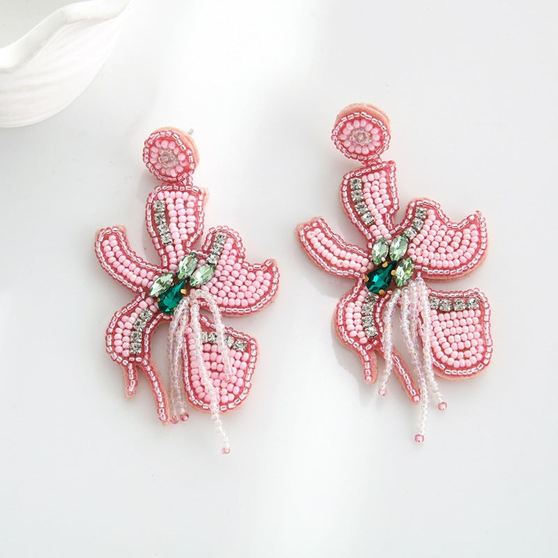 Wholesale Bohemian Handmade Fabric Rice Beads Wine Bottle Flower Earrings
