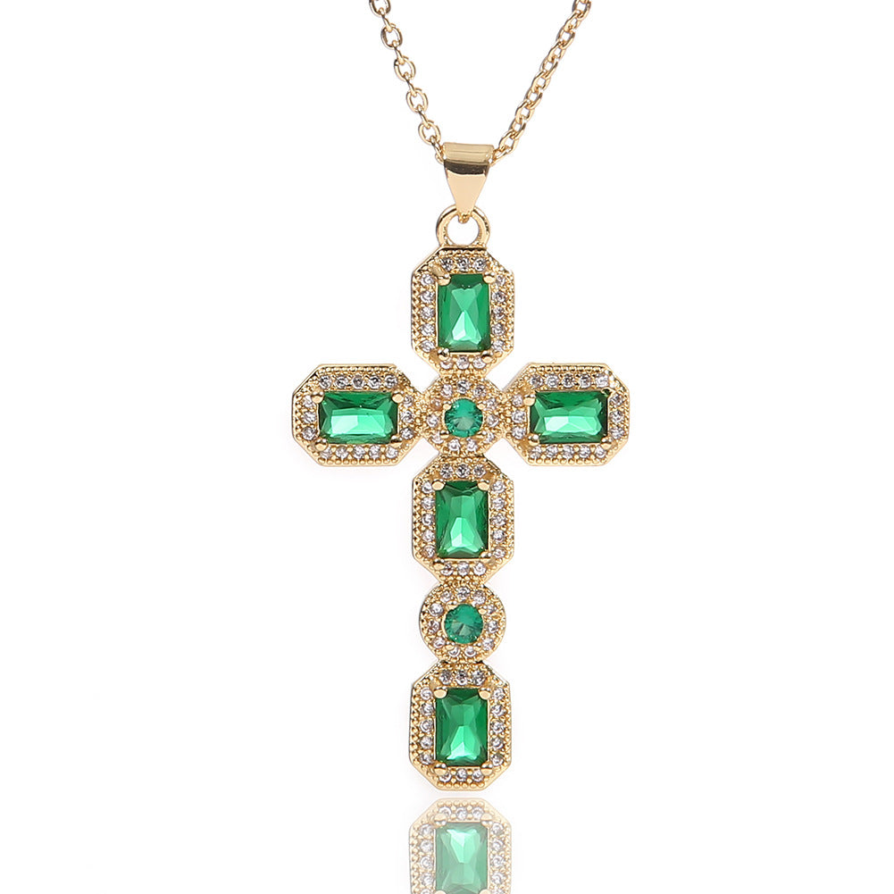 Wholesale  Religious Inlaid Zircon Cross Pendant Copper Necklace