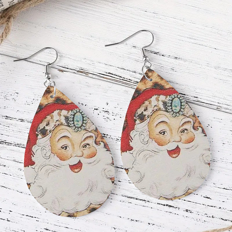 Wholesale Christmas Santa Claus Printed Leather Earrings