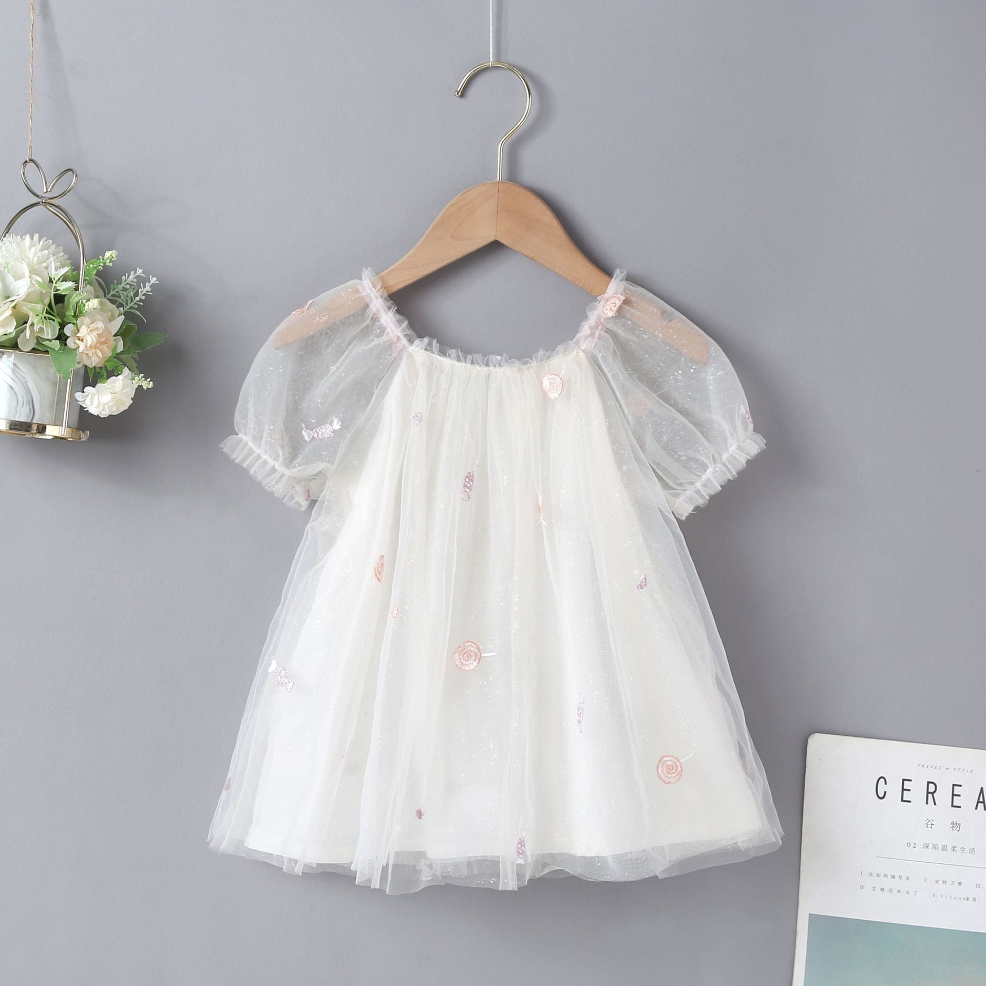 Wholesale Stylish Mesh Bubble Sleeve Princess Dress For Girls Cotton Party Outfit