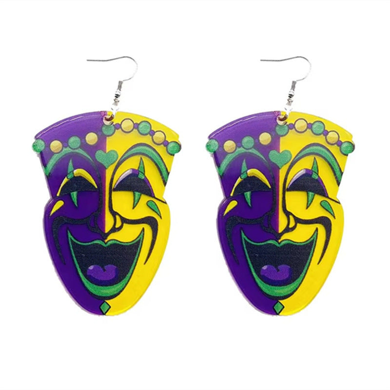 Wholesale carnival smiley face mask crown flower pendant double sided acrylic earrings