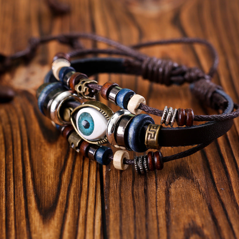 Wholesale Vintage Multi-layered Cowhide Eye Braided Bracelet