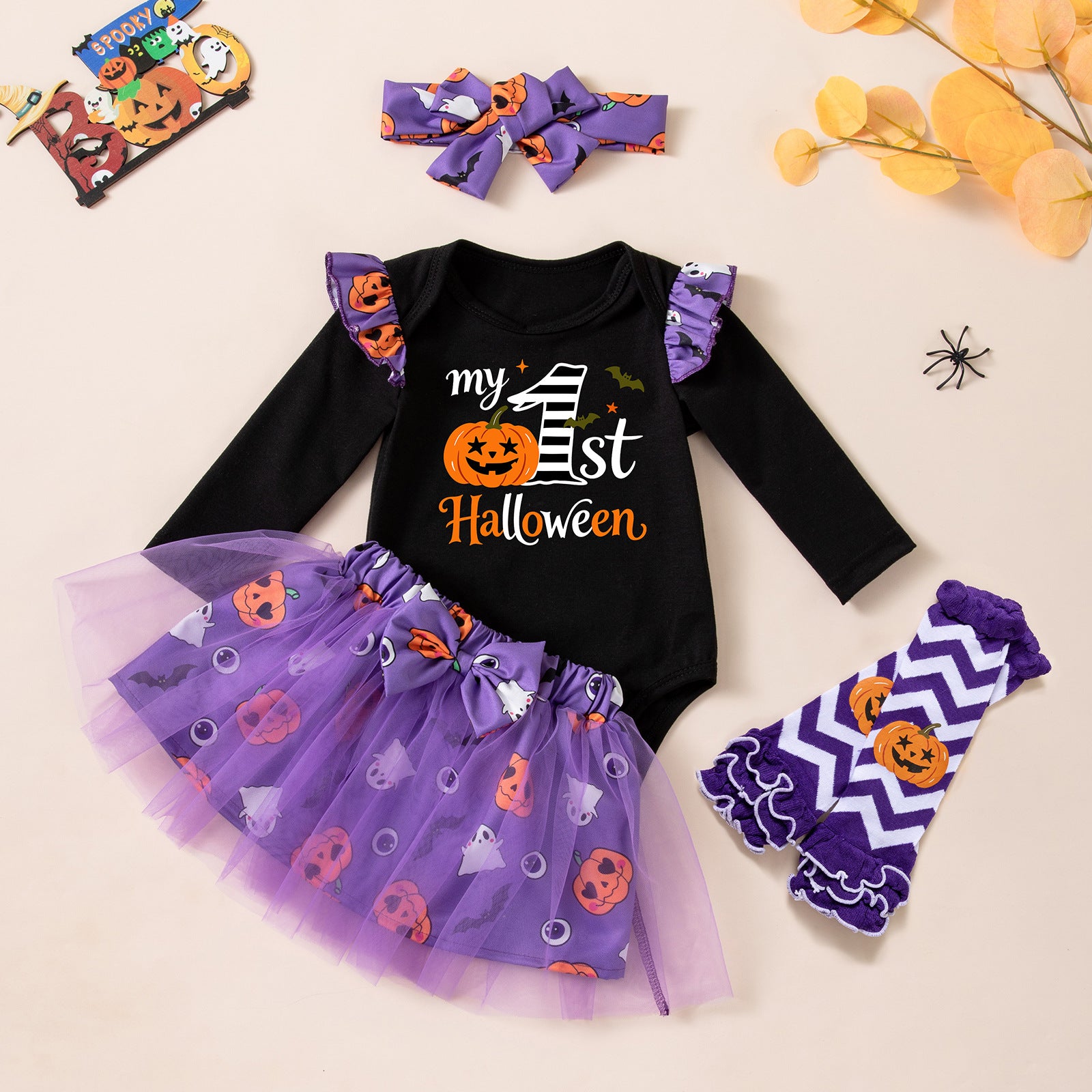Wholesale Cute  Baby Girl Outfit Set Long Sleeve Ghost Pumpkin Skirt And Socks