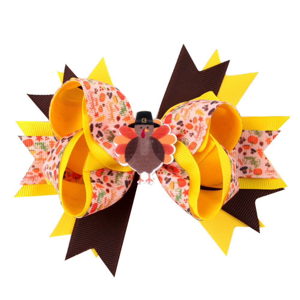 Wholesale 10pcs/pack Thanksgiving Children' s Bow Hairpin Point Small Turkey Accessories Headwear Rowan Ribbon