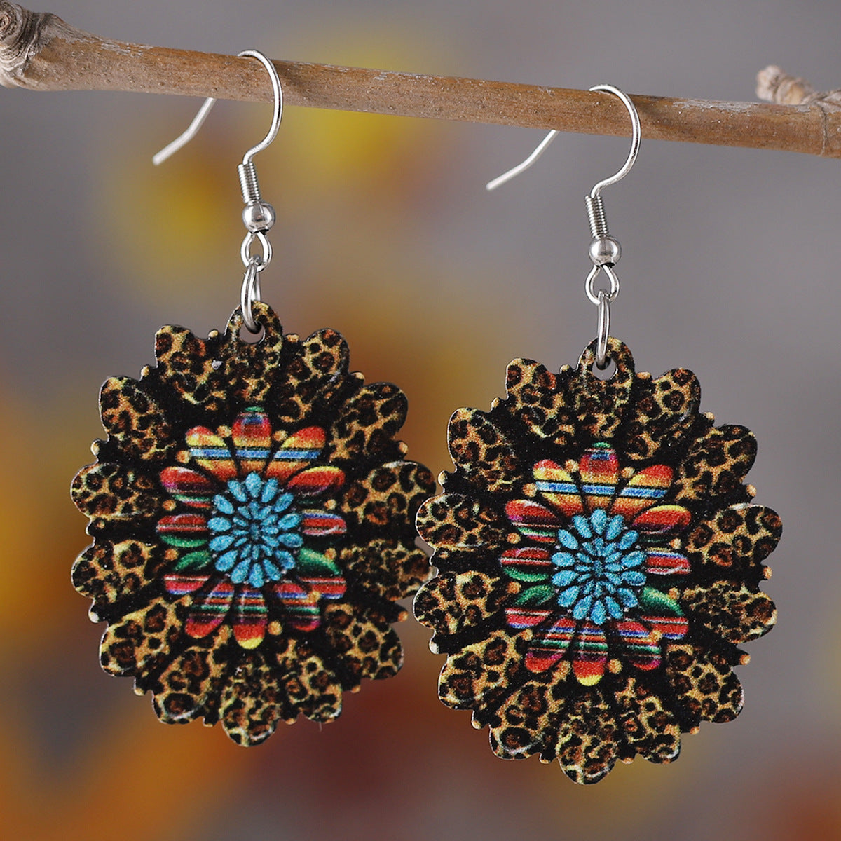 Wholesale Wooden Western Style Leopard Sunflower Cactus Drop Earrings Double Sided Printed Fashion Accessory Party Gift