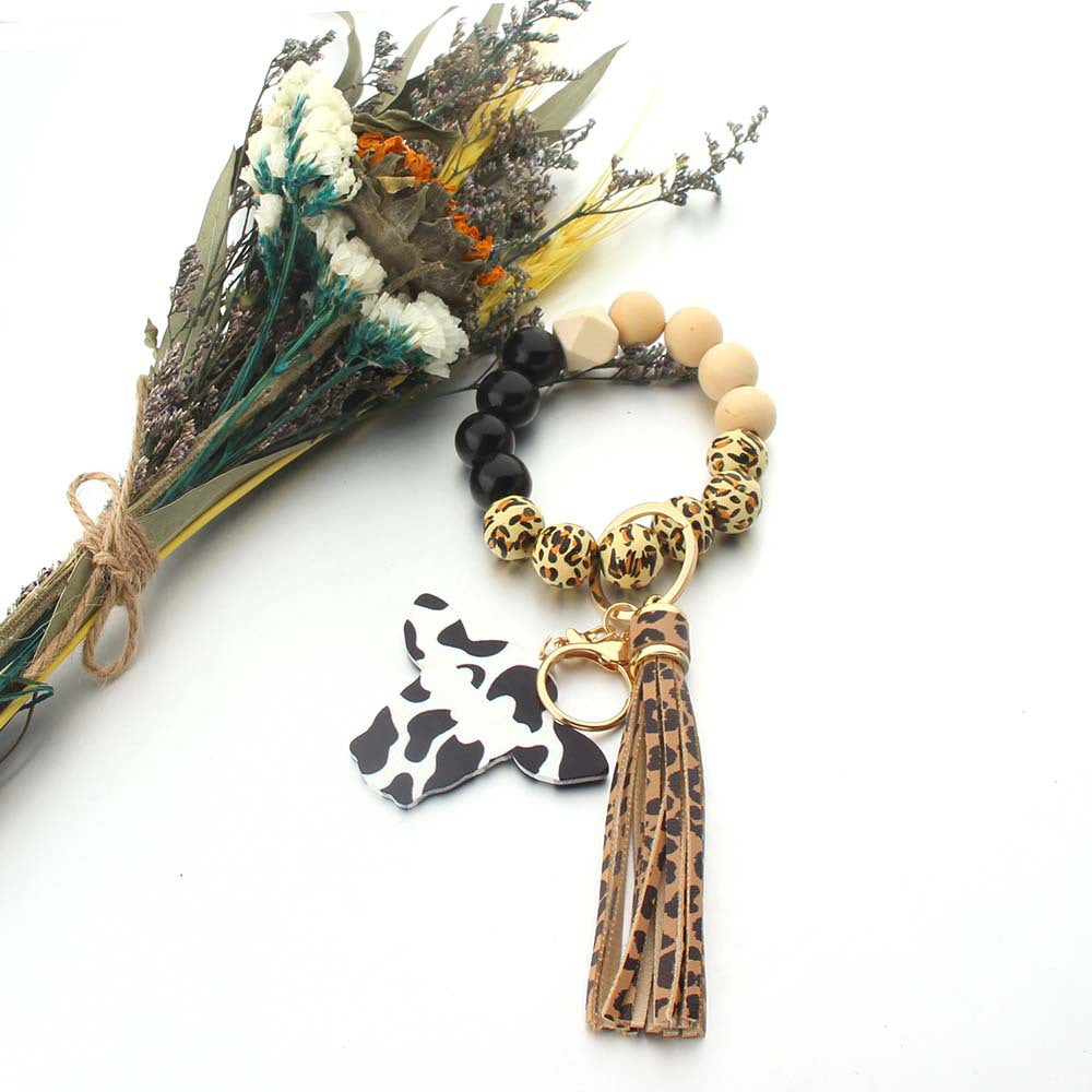 Wholesale Bull Head Wooden Plaque Leopard Print Wooden Beads Wrist Keychain