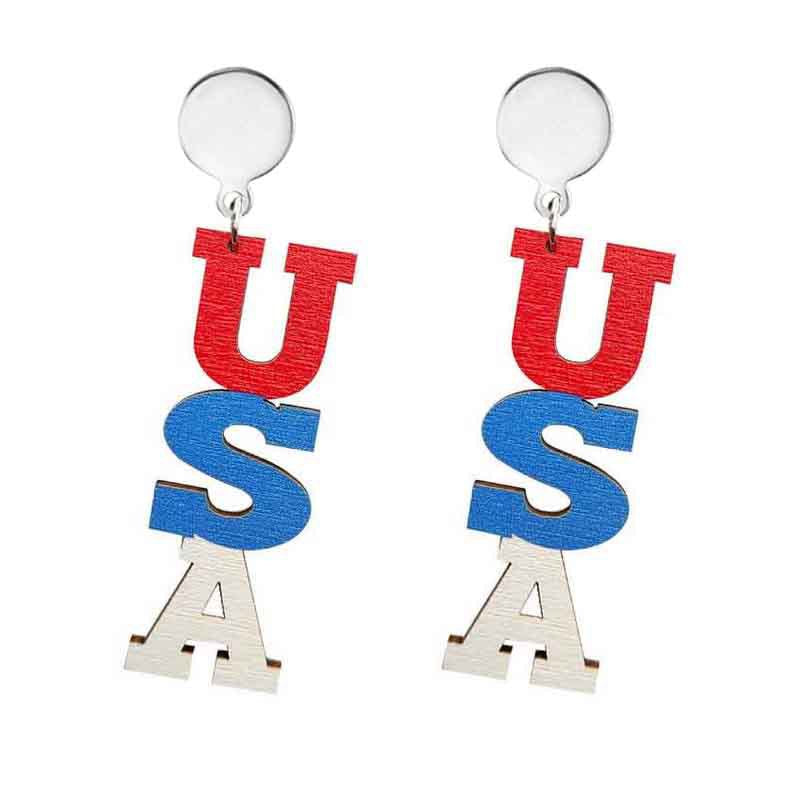 Wholesale Independence Day Flag Wooden Colorful Alphabet Stainless Steel Earrings