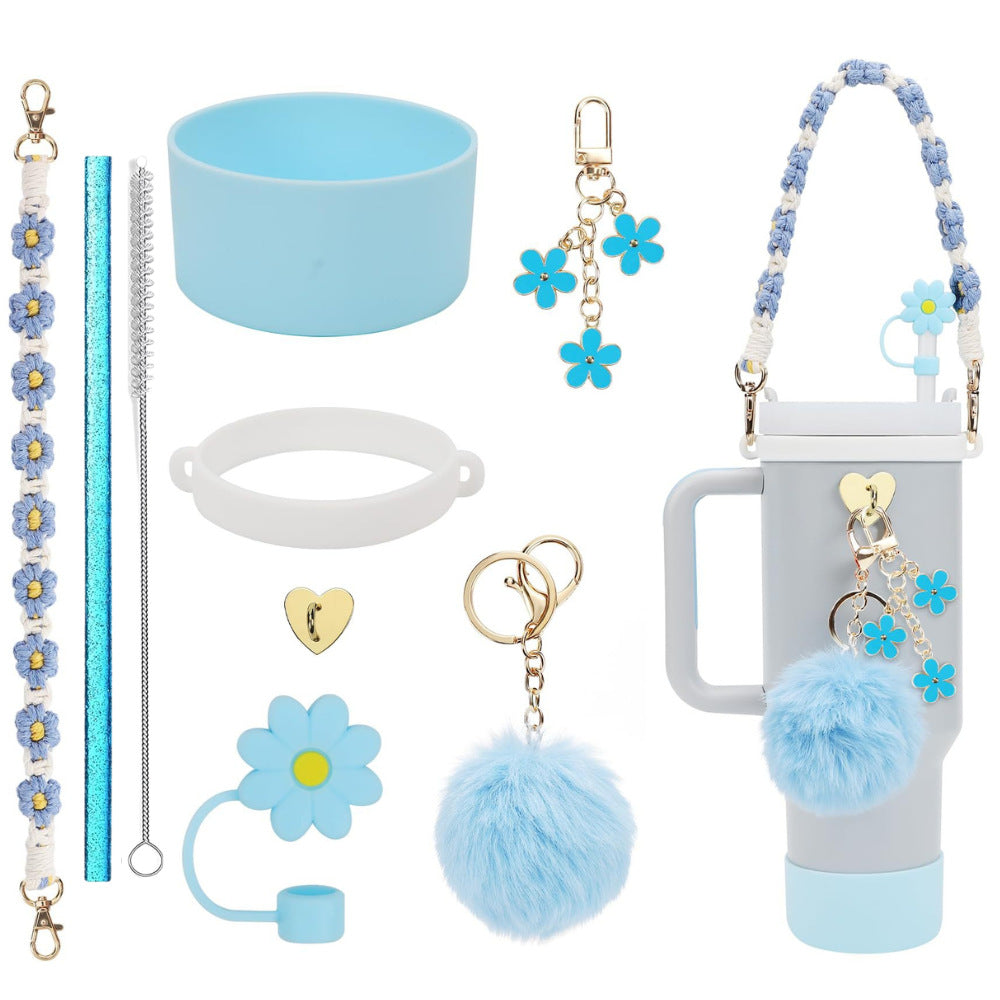 Wholesale Colorful straw accessories handmade cup chain plush love flower set