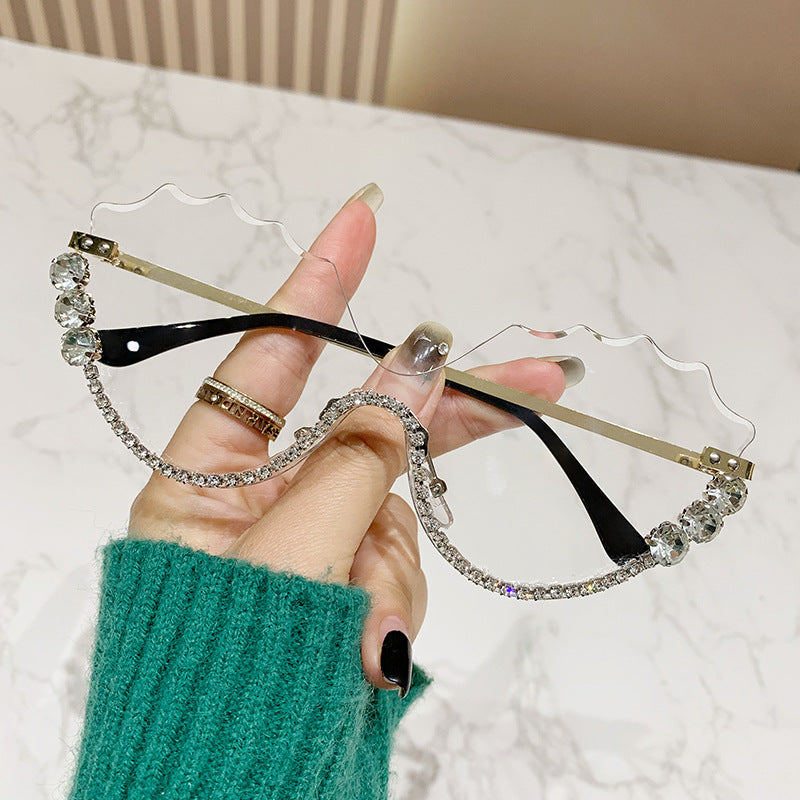 Wholesale Large frame diamond rhinestone special wave cut edge glasses