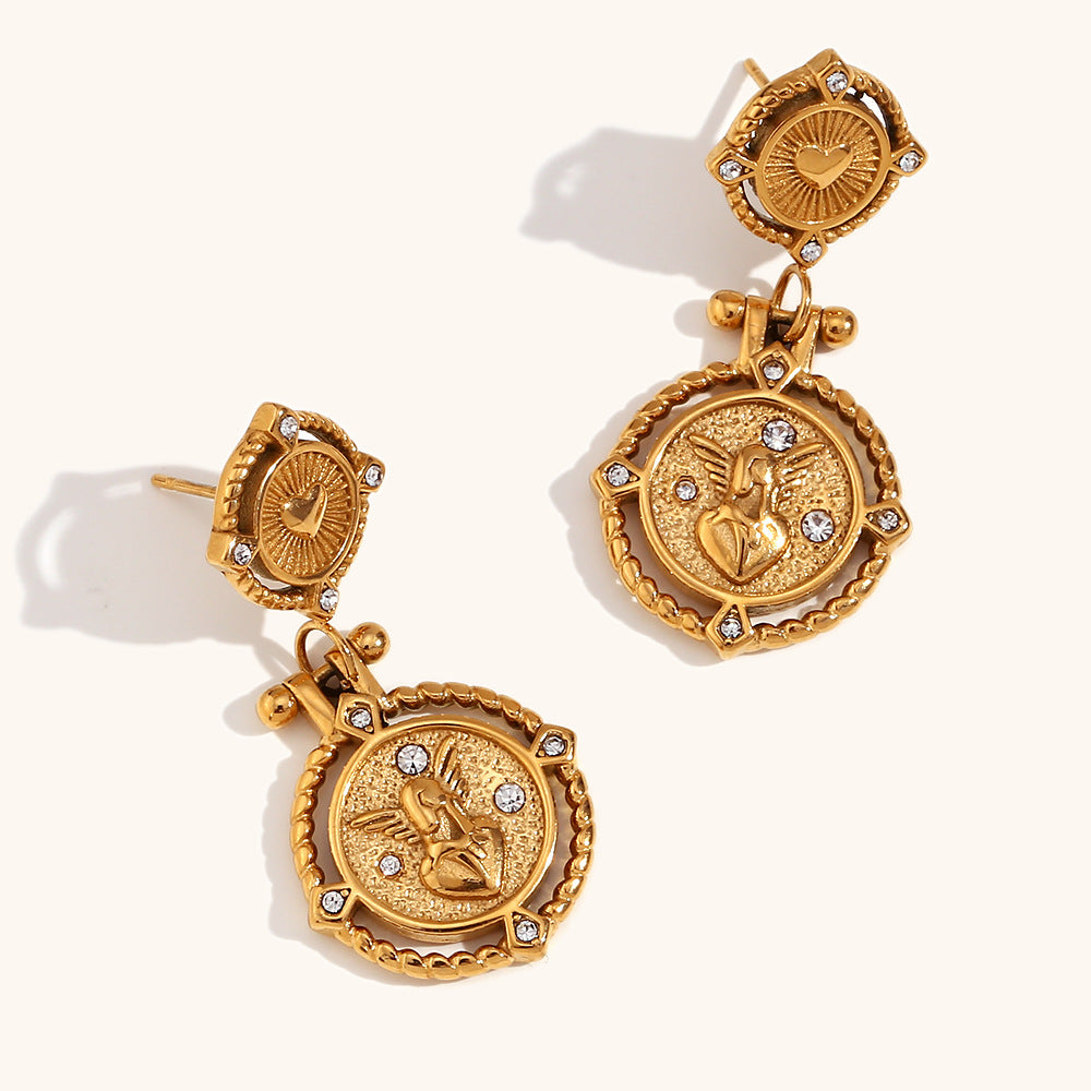 Wholesale Vintage Coin Stainless Steel 18K Gold Plated Earrings