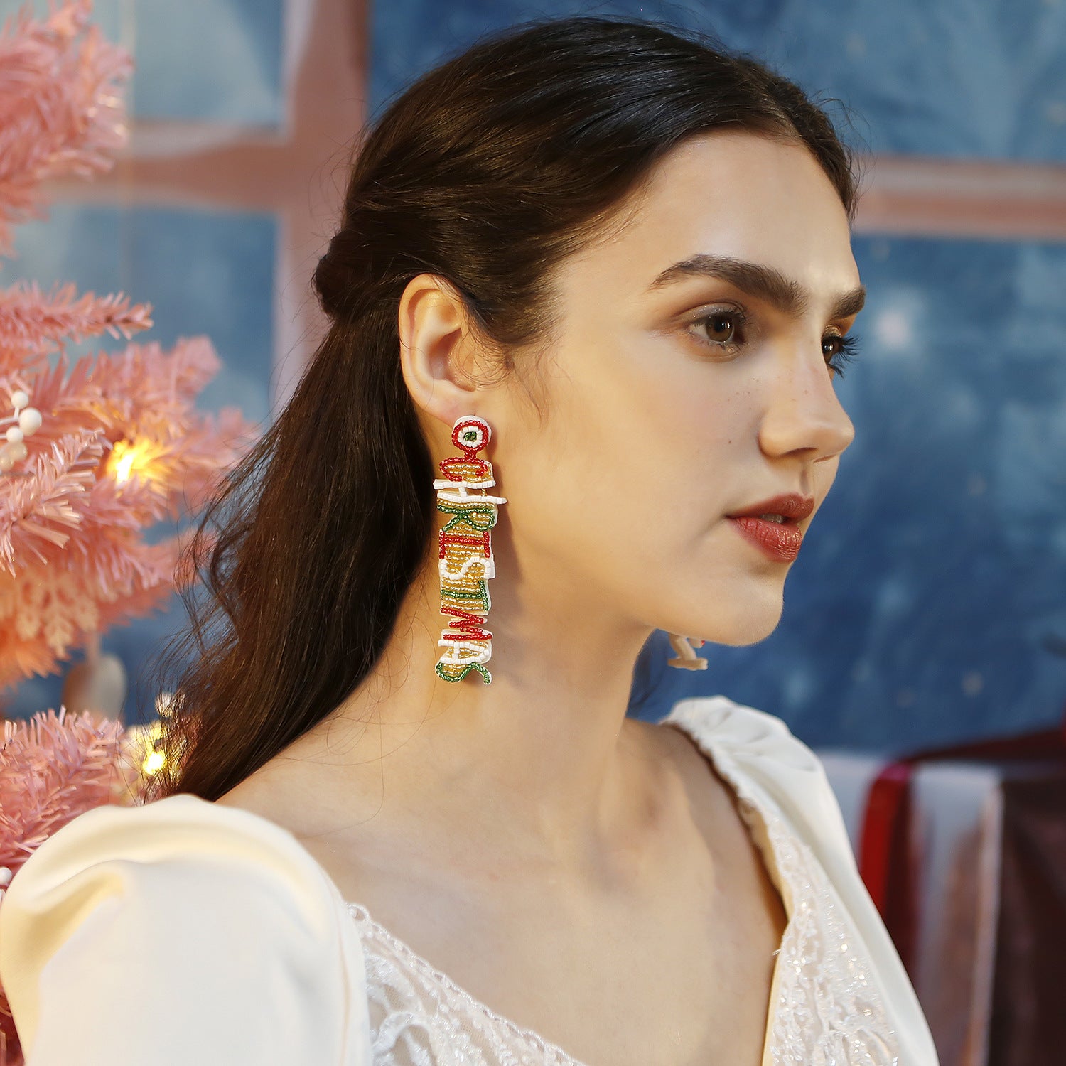 Wholesale Autumn and Winter Long Letter Earrings Christmas Handmade Rice Bead Earrings