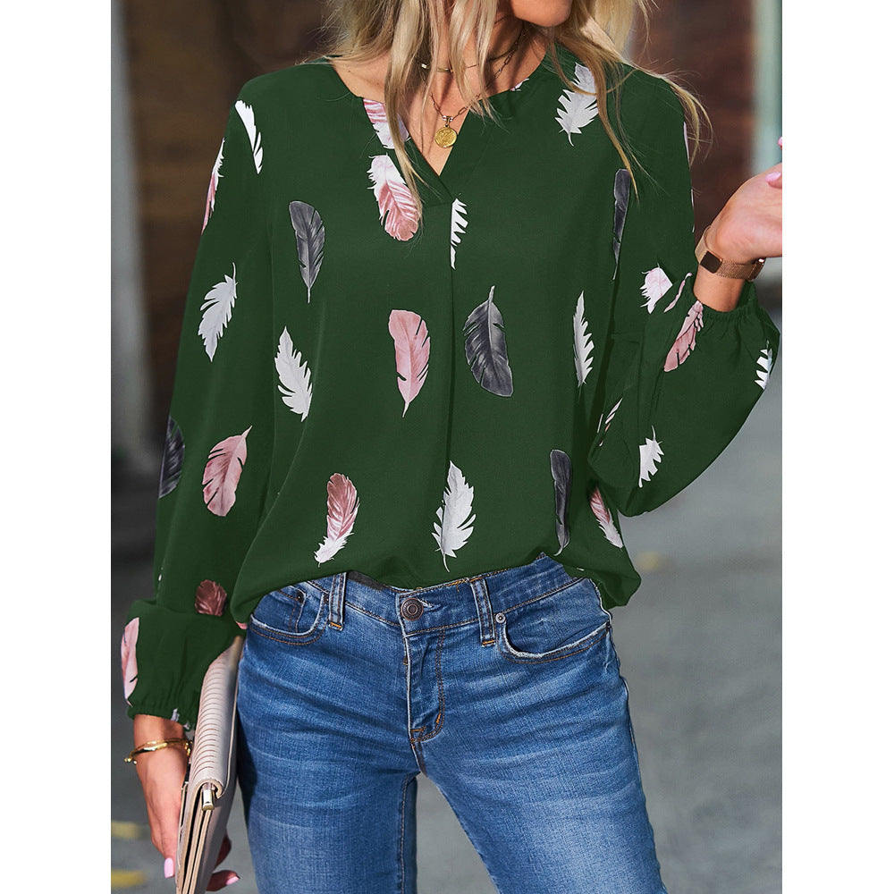 Wholesale Autumn and Winter Women's V-neck Feather Printing Long Sleeve Loose T-shirt