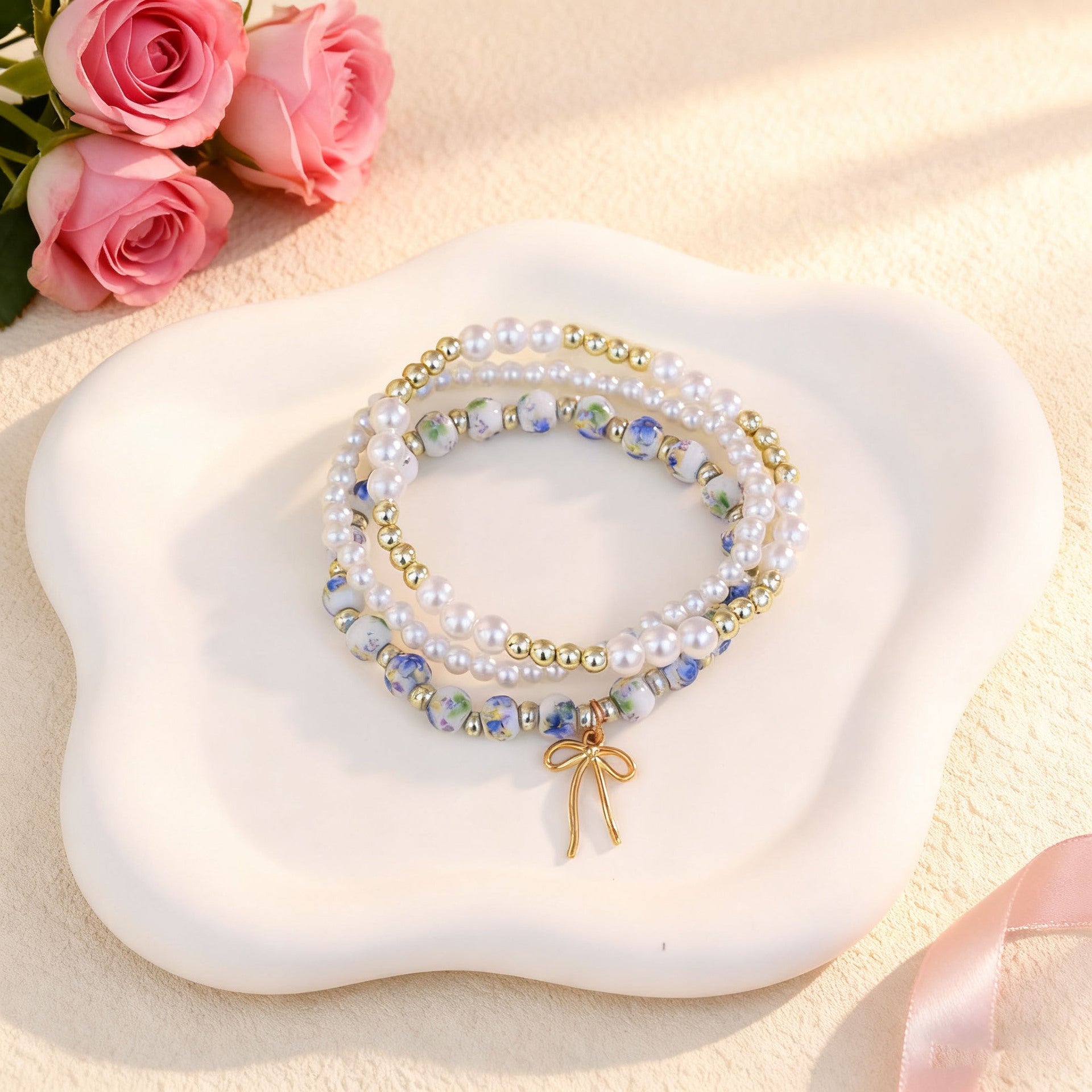 Wholesale Bohemian Blue and White Porcelain Bow Layered Bracelet Set