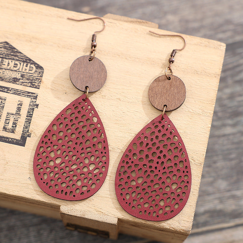 Wholesale Vintage Hollow Spider Web Spliced Wood Chip Leather Earrings
