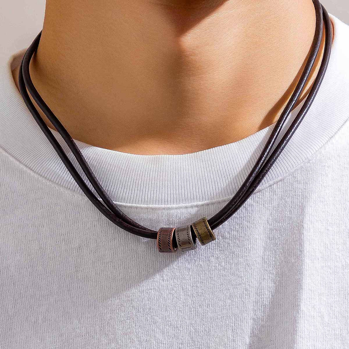 Wholesale Men's leather hoop necklace beaded clavicle necklace