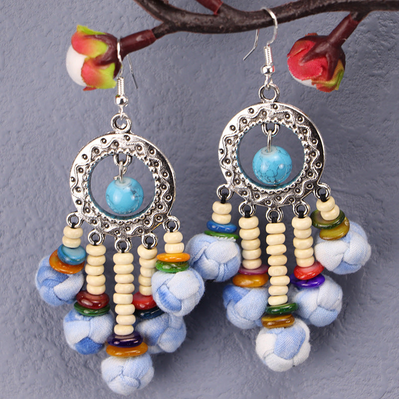 Wholesale Tie-dye blue dye earrings earrings ethnic style buckle flower blue earrings tie-dye earrings