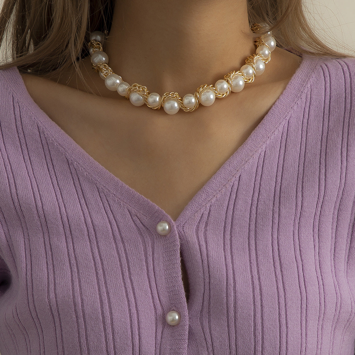 Wholesale Fried Dough Twists Chain Pearl Aluminum Necklace