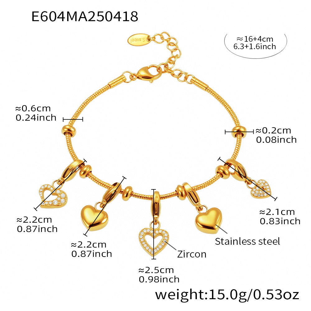 Wholesale 18K real gold stainless steel round bead heart shining zircon bracelet