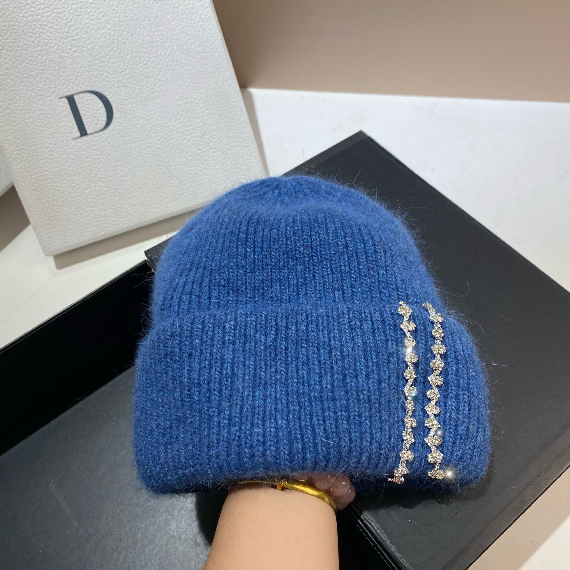 Wholesale Long Rabbit Fur Bi-fold Knitted Rhinestone Beanie