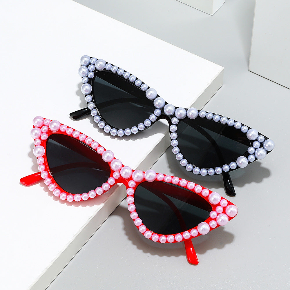 Wholesale Handmade Fashion Imitation Pearl Hip -hop Cat's Eye Inlaid Sunglasses