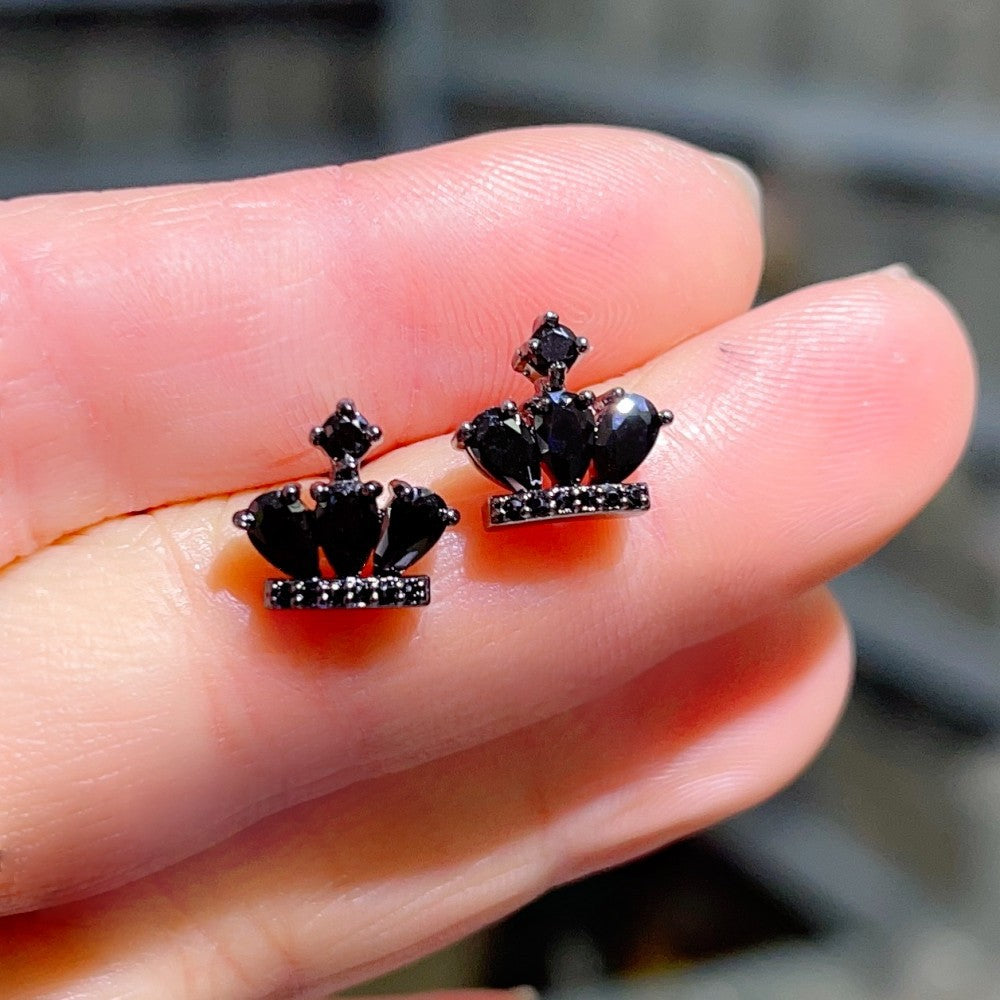 Wholesale Zircon Copper Pure Silver Red Corundum Inlaid Earrings S925 Pure Silver Post Crown Stud Black Ear Clips