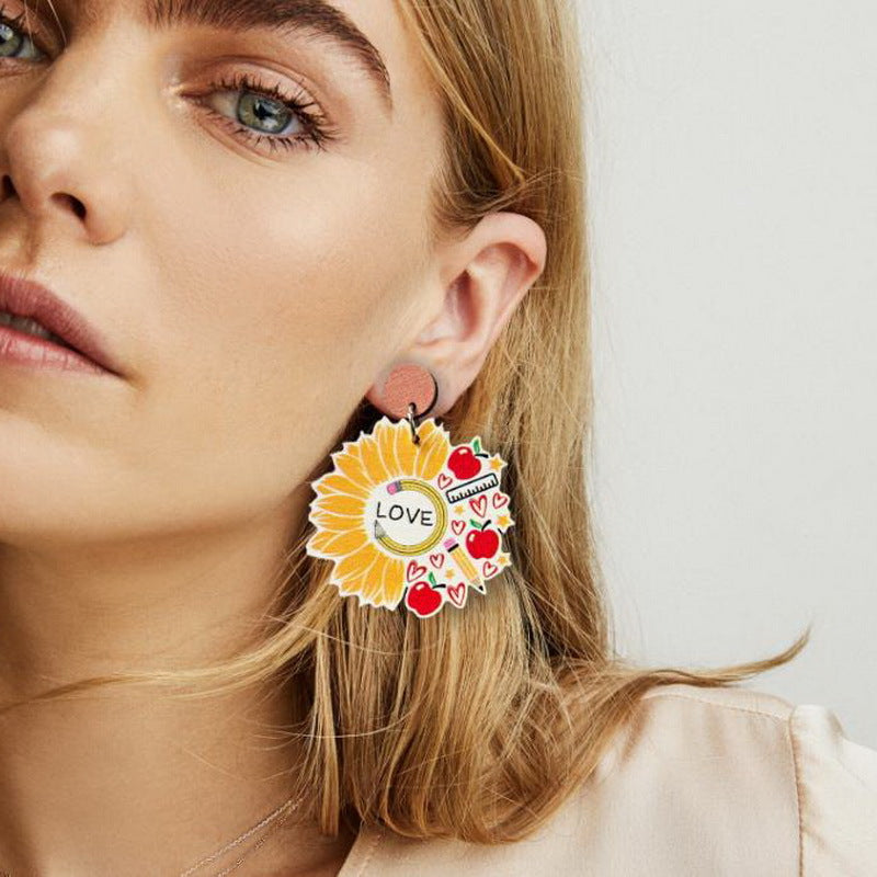 Pendientes de madera de la regla de manzana de girasol de lápiz al por mayor