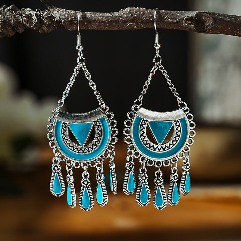 Wholesale Fan-shaped Chain Dripping Oil Retro Craft Multi-layer Alloy Earrings
