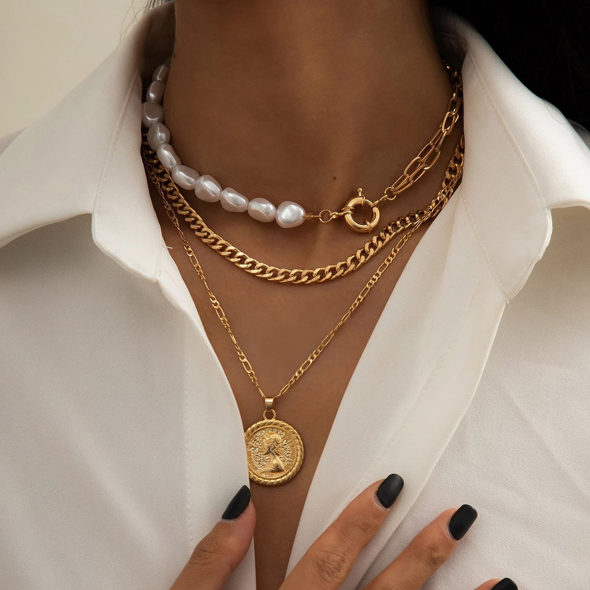 Wholesale Long round bead chain stacking necklace retro style personality pearl necklace
