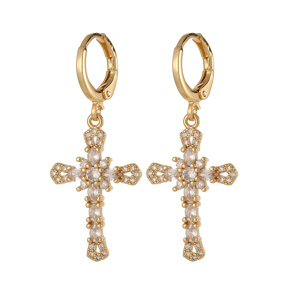 Wholesale Cross Vintage Geometric Copper Plated Real Gold Earrings