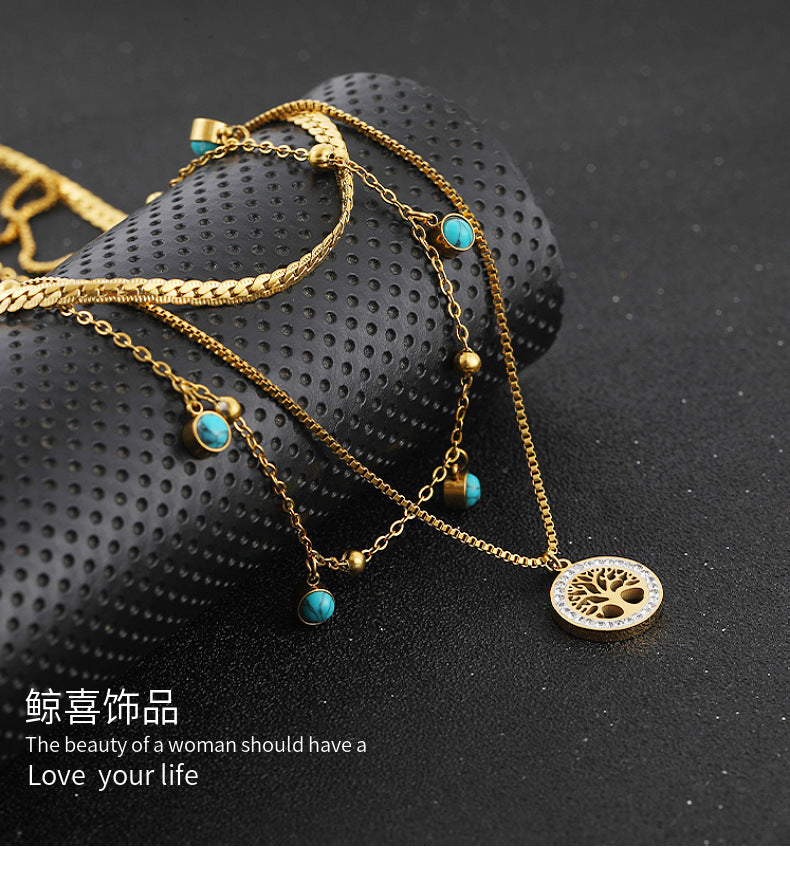 Collares de acero de titanio de oro de doble capa de árbol de vida al por mayor