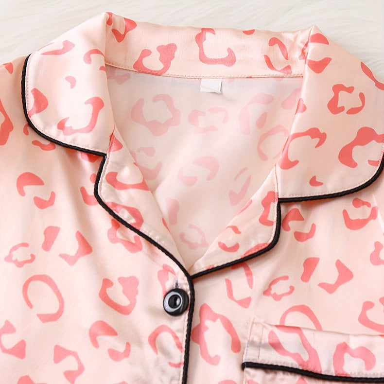 Wholesale Milk Silk Cardigan with Lapel and Leopard Print Children's Long Sleeved Pajamas