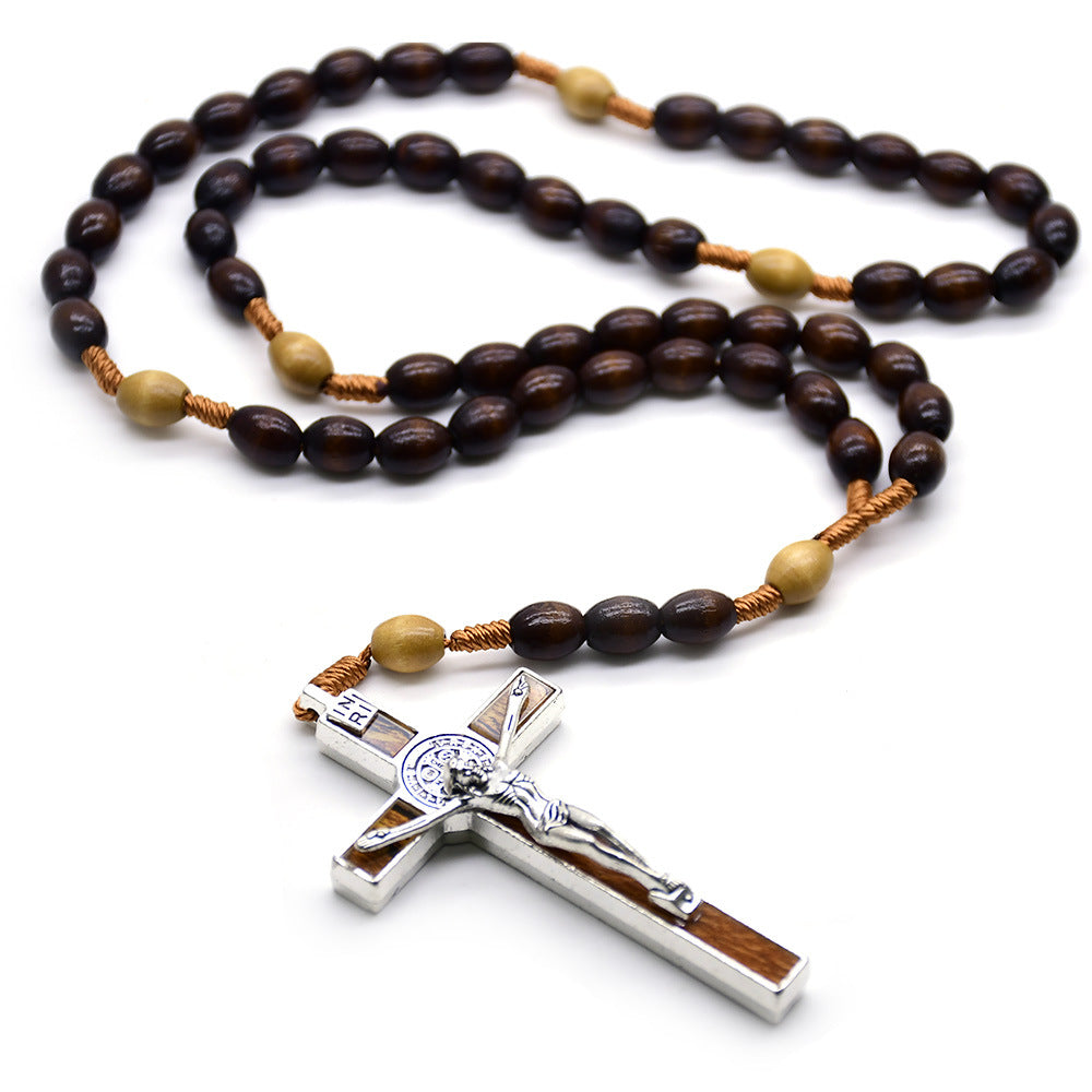 Wholesale Dark Brown Rice-Shaped Rosary  Cross Necklace