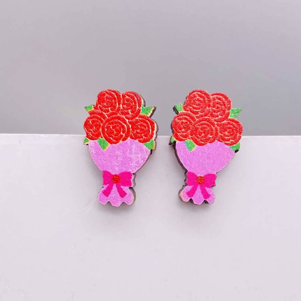 Wholesale Valentine's Day Pink Envelope Dwarf Rose Wooden Earrings