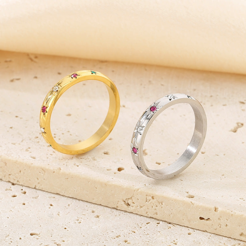 Wholesale Sweet Personality Single Row Diamond Fashion Temperament Colorful Eight-pointed Star Stainless Steel Rings