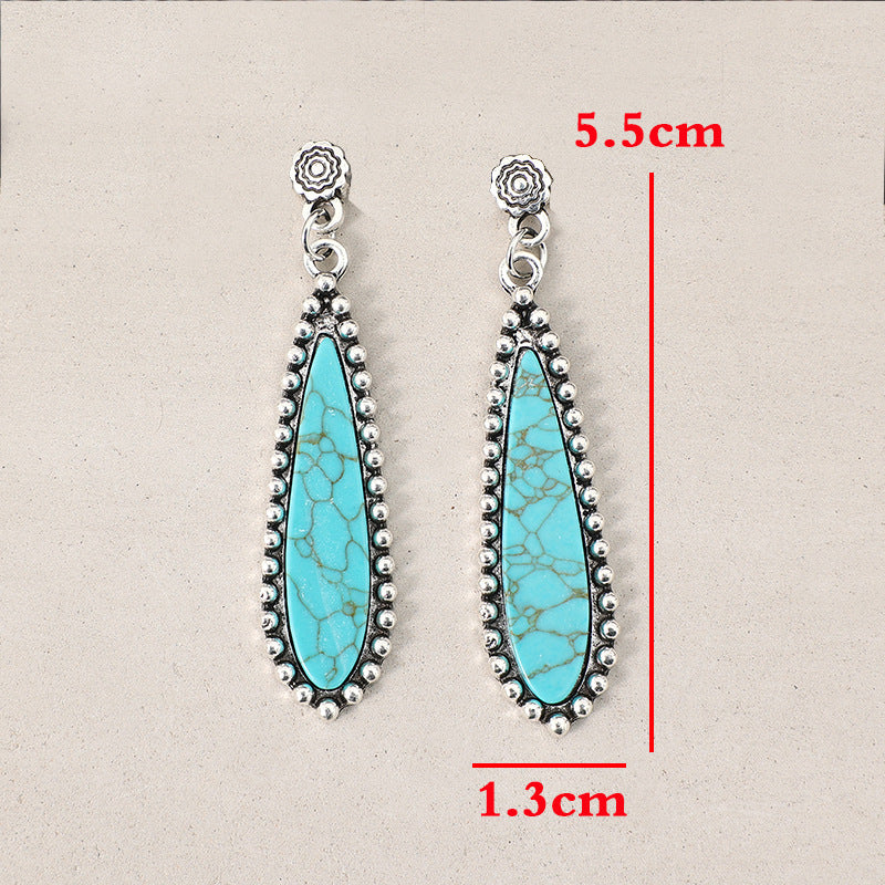 Wholesale Bohemian Retro Style Long Exaggerated Inlaid Turquoise Alloy Earrings