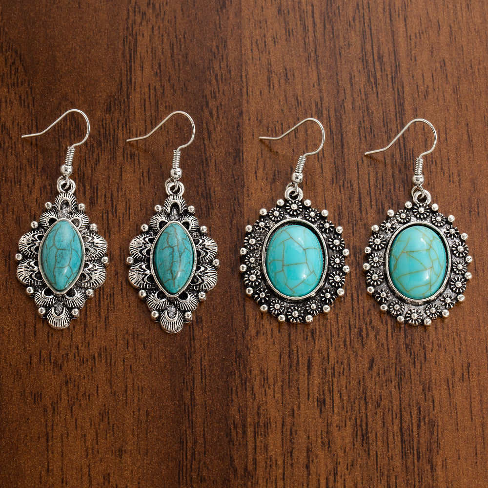 Wholesale 10pcs Vintage turquoise earrings geometric inlay Bohemian alloy personality earrings