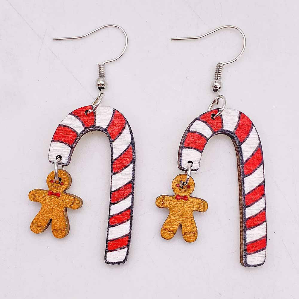 Wholesale Christmas Gingerbread Man Santa Claus Snowflake Crutches Wooden Earrings