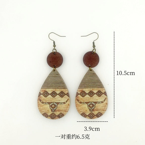 Wholesale Western style Wooden Printing Retro Sunflower Tauren Earrings