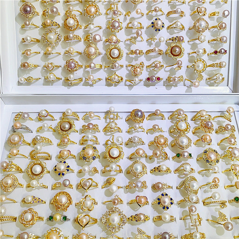 Wholesale 5PCS Natural Freshwater Pearl Zircon Micropaved Open Ring