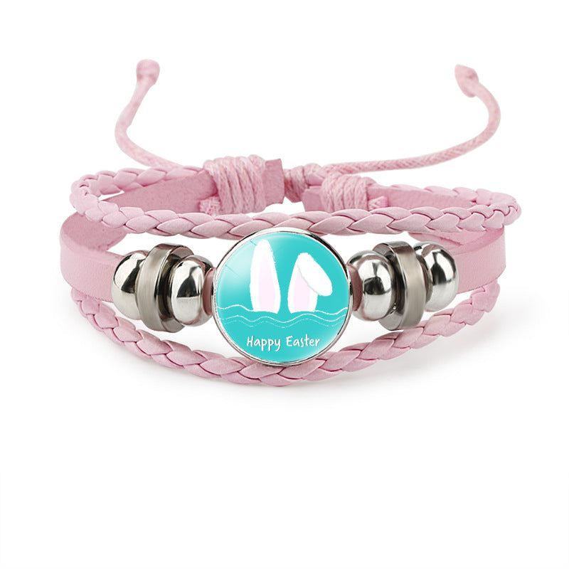 Wholesale Easter Rabbit Time Gemstone Pink Leather Multi Layer Woven Bracelet