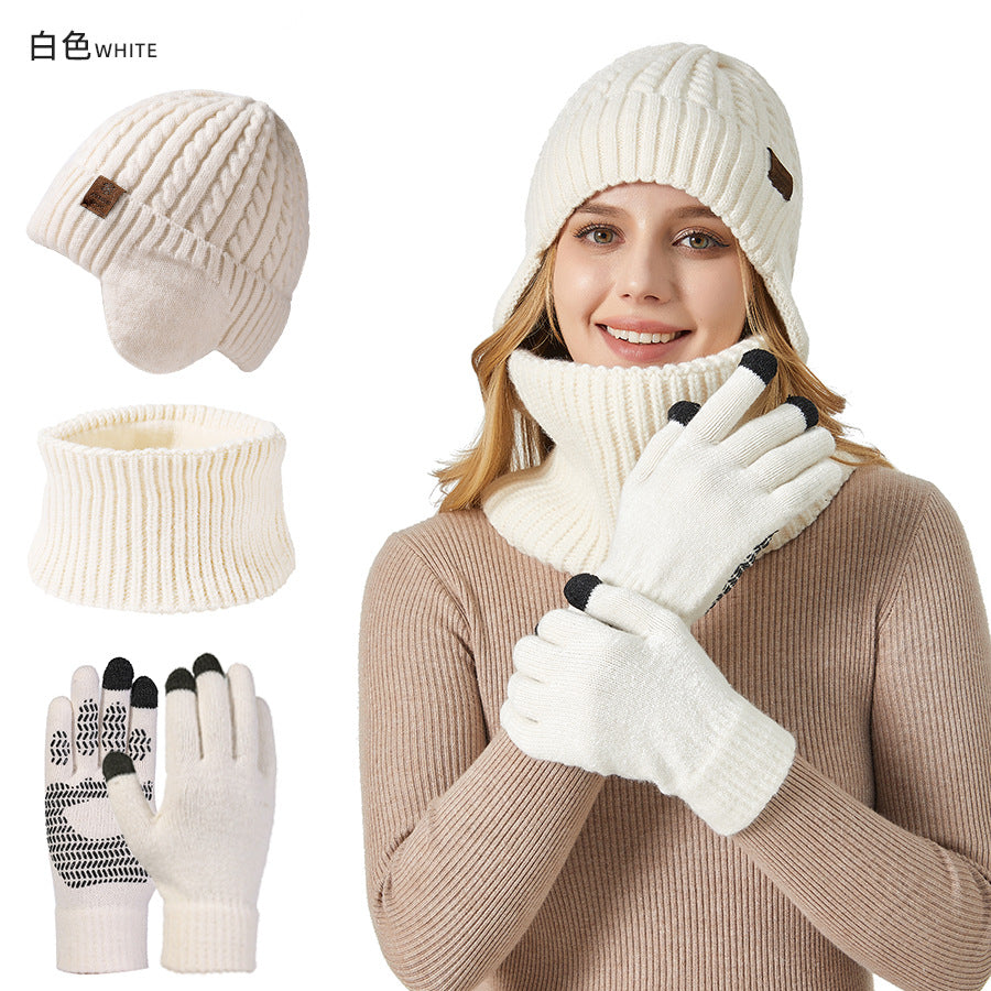 Wholesale Winter Fleece Ear Protection Knitted Hat Scarf Touch Screen Gloves Warm Suit