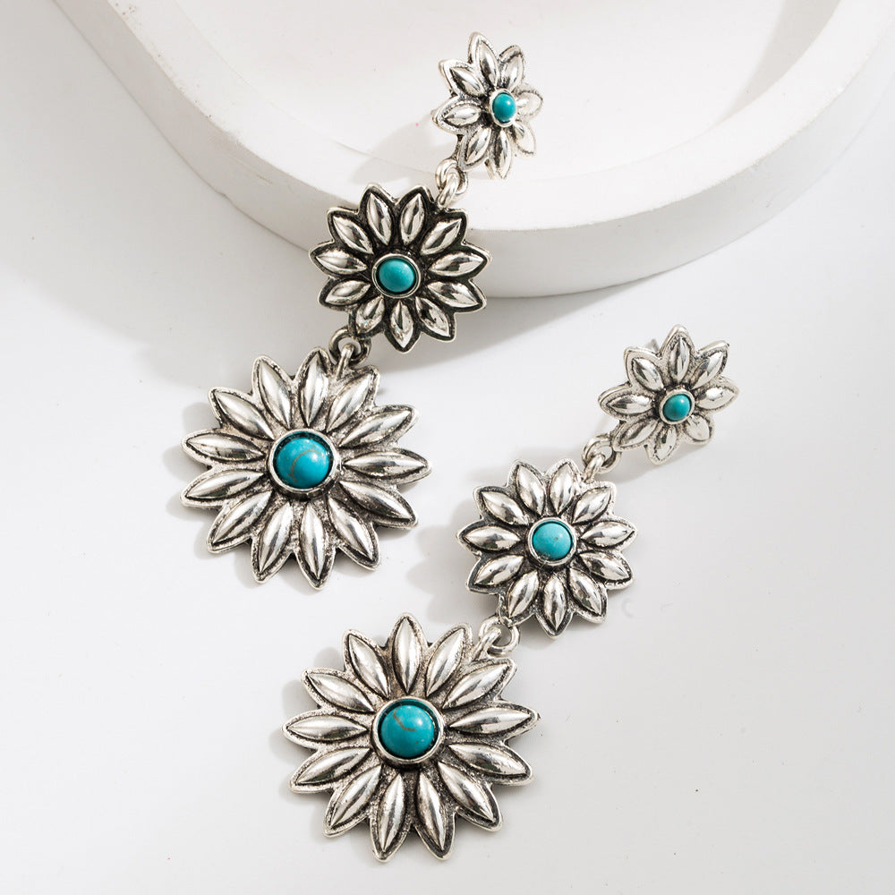 Wholesale Vintage Turquoise Flower Tassel Earrings