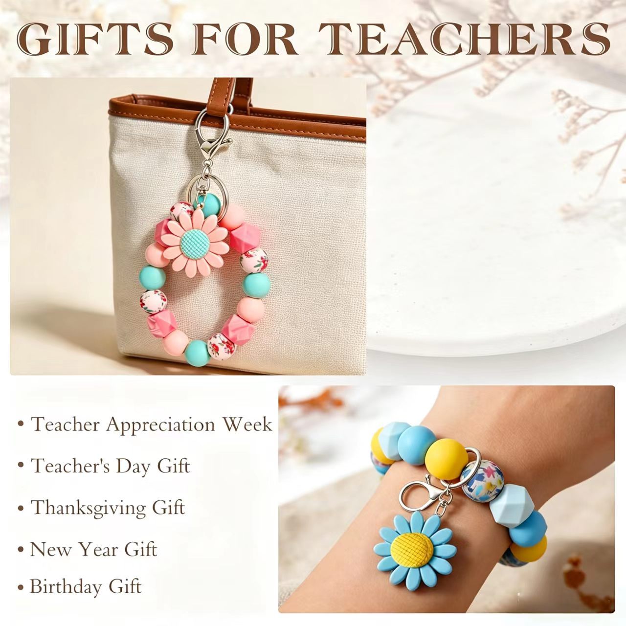 Wholesale Pink Sunflower Silicone Bead Bracelet Keychain Bag Charm Stylish Women S Everyday Jewelry Accessory Gift
