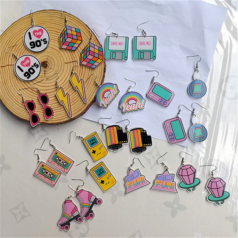 Wholesale Retro Nostalgic Rubik's Cube Game Console Skates Acrylic Earrings
