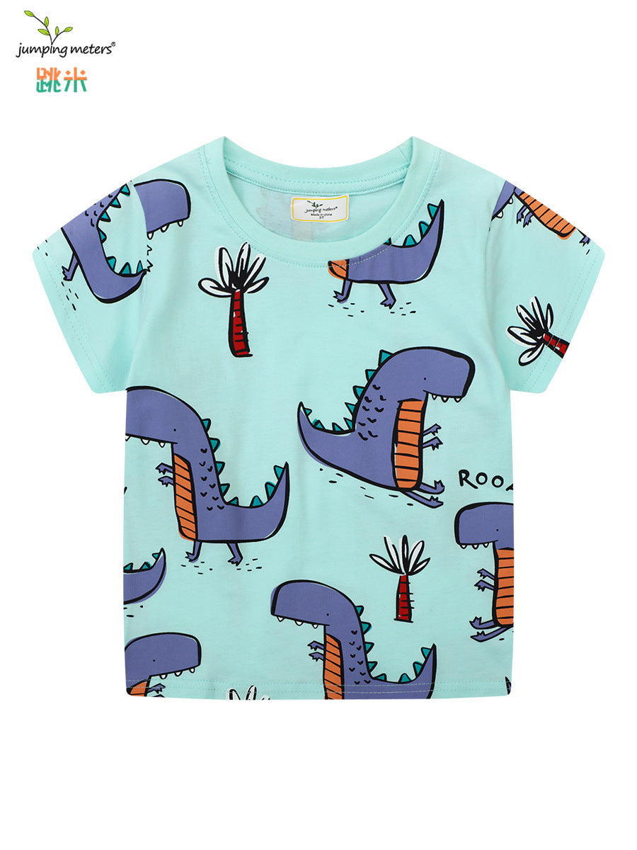 Wholesale Chic Boys Cartoon Dinosaur Short Sleeve T Shirt And Knit Pants Two Piece Summer Casual Outfit