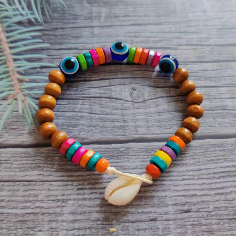 Wholesale Devil's Eye Colored Wood Beads Natural Shell Bracelet Rope